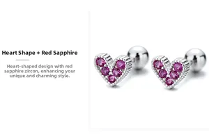 Detailed view of heart-shaped 925 silver stud earrings with red corundum and screw backs