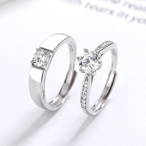 Pair of adjustable S925 sterling silver couple rings with sparkling zircon stones