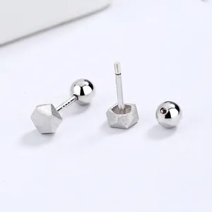 925 Sterling Silver Brushed Hexagon Stud Earrings For Women Minimalist Geometric Screw Back Small Ear Jewelry Silver Accessories