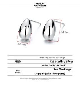 Detailed view of S925 sterling silver teardrop earrings with dimensions 5.6mm by 9.6mm