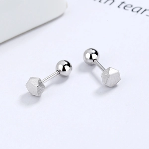 Minimalist S925 sterling silver hexagon stud earrings with brushed matte finish
