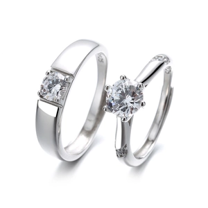 S925 sterling silver couple ring set with six-prong zircon and square cut stone