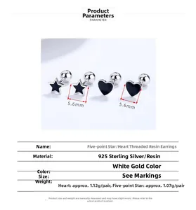 Detailed size specifications for 925 sterling silver star and heart screw back earrings