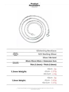 Größentabelle für die 925 Sterling Silber Halskette mit detaillierten Produktspezifikationen