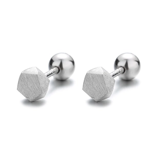 S925 sterling silver hexagonal stud earrings with brushed matte finish and screw backs