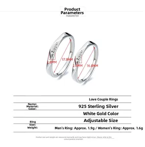 Detailed size chart for adjustable S925 sterling silver Amour couple rings with measurements