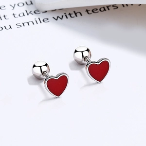 S925 sterling silver heart stud earrings with red enamel and screw back ball design