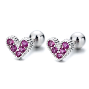 Elegant 925 silver heart stud earrings with magenta zircon and screw back design