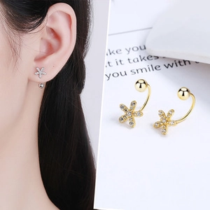 Close-up of S925 silver five-petal flower stud earrings with crystal inlays and ball back