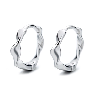 Minimalist 925 sterling silver Mobius twist hoop earrings with polished finish on white background