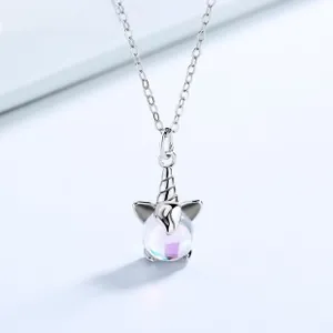 Detail of 925 sterling silver unicorn pendant necklace with iridescent moonstone bead