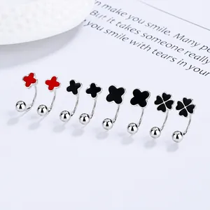 Pendientes de trébol de plata S925 con acabado en esmalte negro y rojo elegante