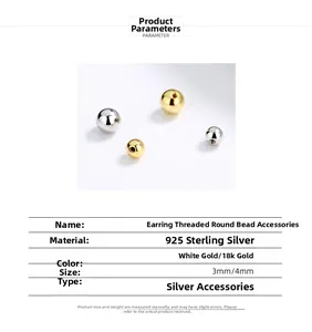 Macro detail of S925 sterling silver threaded round bead backings in gold and silver