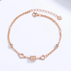 Bracciale a doppio strato in argento S925 oro rosa con perline e ciondolo a cilindro