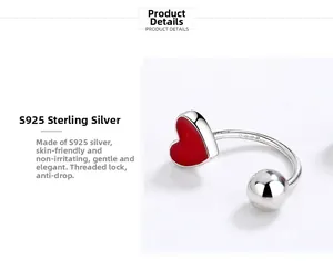 Detail of S925 silver screw back earring with red enamel heart and clear hallmark
