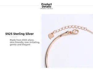 Macro shot of S925 sterling silver rose gold bracelet with heart pendant and lobster clasp