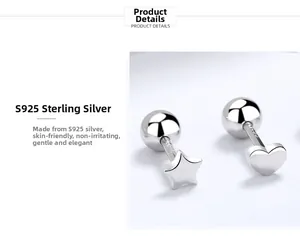 Detailed view of S925 sterling silver star and heart stud earrings with screw ball backs
