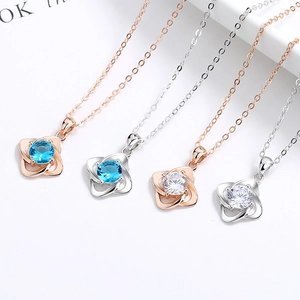 Four-leaf clover 925 silver necklaces with round blue and white zircon pendants