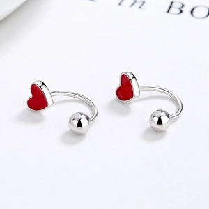 U-shaped S925 sterling silver hoop earrings with red enamel heart and silver beads