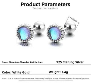 Macro detail of 925 silver moonstone stud earring with dimensions and dimensions markers