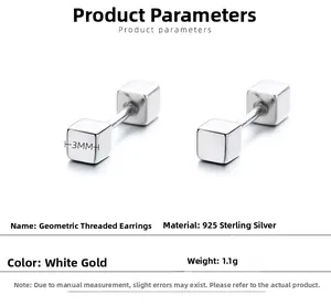 Macro view of 925 sterling silver geometric square stud earring with screw back detail
