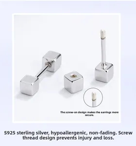 Detailed macro view of S925 sterling silver cube stud with secure screw back design
