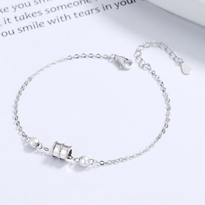 Minimalist S925 sterling silver cylinder pendant bracelet with faceted beads on white