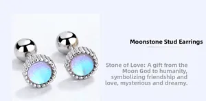 Detail of round moonstone earrings with 925 sterling silver screw back stud design