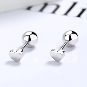 S925 silver heart shaped screw back stud earrings with minimalist polished finish