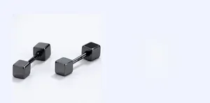 Close-up of black polished square geometric earrings with smooth edges and mirror finish