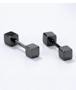 Macro view of black cube screw earrings with S925 silver hallmarks and matte finish