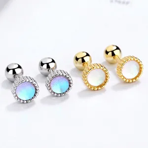 925 Sterling Silver Round Moonstone Screw Back Stud Earrings Geometric Iridescent Ear Bone Studs Minimalist Jewelry For Women