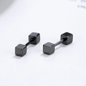 Minimalist black geometric cube screw-back earrings in S925 sterling silver for women