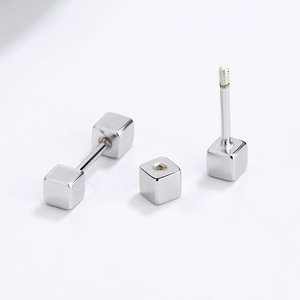 Minimalist silver square geometric screw back stud earrings for women in stainless steel