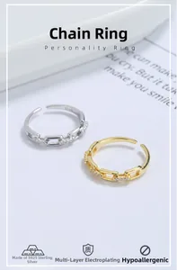 Detailed view of adjustable S925 sterling silver chain ring with pave zircon settings