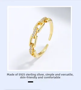 Detail view of S925 sterling silver chain link ring with sparkling micro diamonds