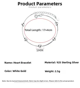 Detailed view of 925 sterling silver heart bracelet with dimensions and lobster clasp
