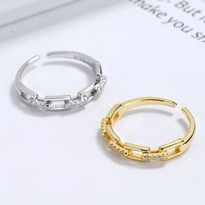 925 Sterling Silver Link Chain Adjustable Ring For Women 18K Gold Plated Rhinestone Inlaid Open Finger Ring Minimalist Jewelry