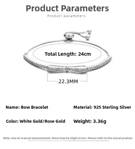Detailed size specifications for the 925 sterling silver butterfly bow bracelet jewelry