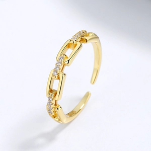 Adjustable S925 sterling silver chain ring with 18k gold plating and white zircon
