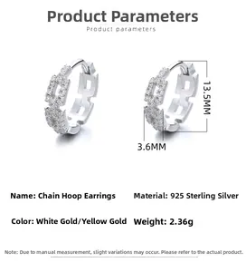 Detailed view of S925 sterling silver chain link earrings with zircon and 13.5mm height