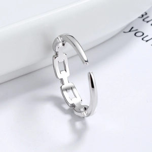 Polished S925 sterling silver rectangular link chain ring with adjustable open design