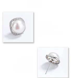 Macro shot of S925 sterling silver pearl earrings with sparkling cubic zirconia halo
