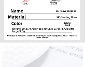 Größenangaben für 925 Sterling Silber Sechs-Klauen-Ohrstecker in Weißgold-Finish