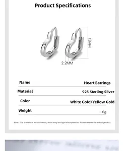 Spécifications de taille pour boucles d'oreilles cœur en argent 925 avec dimensions