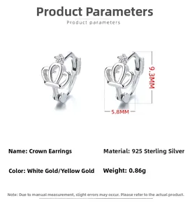 Dimensions détaillées des boucles d'oreilles couronne en argent 925 avec spécifications