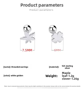 Detailed specs of 925 silver maple leaf and clover stud earrings with screw back design