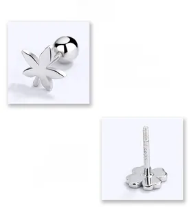 Close-up of S925 sterling silver lucky clover and maple leaf earrings with screw-back design