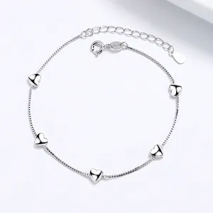 925 Sterling Silver Heart Box Chain Bracelet For Women Minimalist Dainty Heart Shaped Pendant Polished Adjustable Bracelet Gift