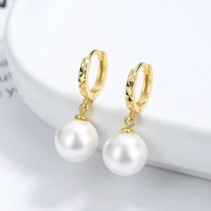 Elegant 925 sterling silver pearl drop earrings with 18k gold textured textured hoop